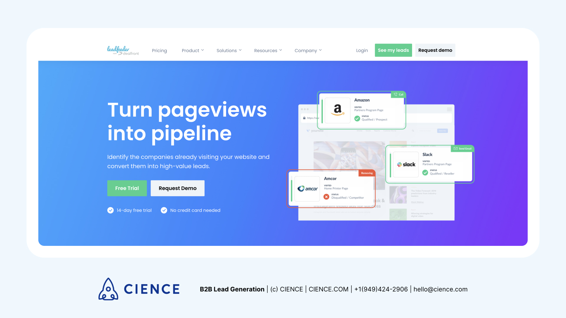 Leadfeeder website visitor identification dashboard showing company-level visitor data and intent signals